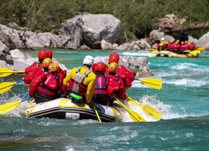 Whitewater rafting on Soča, the emerald river, Julian Alps, Triglav National Park.